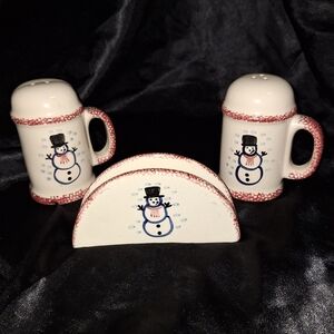 Rare Vintage Snowman Set~Salt & Pepper Shakers~Napkin Holder~Rustic~Farmhouse